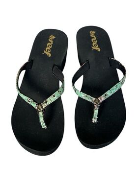Reef Women’s Black Sandals with Mint Snake-Print Straps